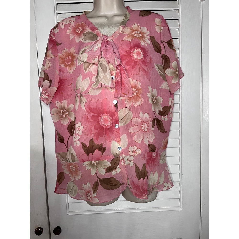 Alfred Dunner Pink Floral Tie Neck Blouse Short Sleeve Button Up Top Womens 16